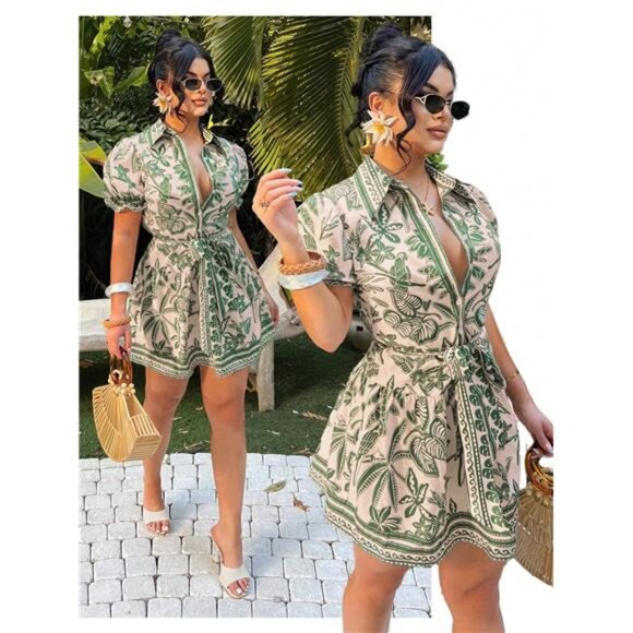 Dresses & Skirts - NEW -  Boho Single-Breasted Tie-Front Short Sleeve A-Line Dress